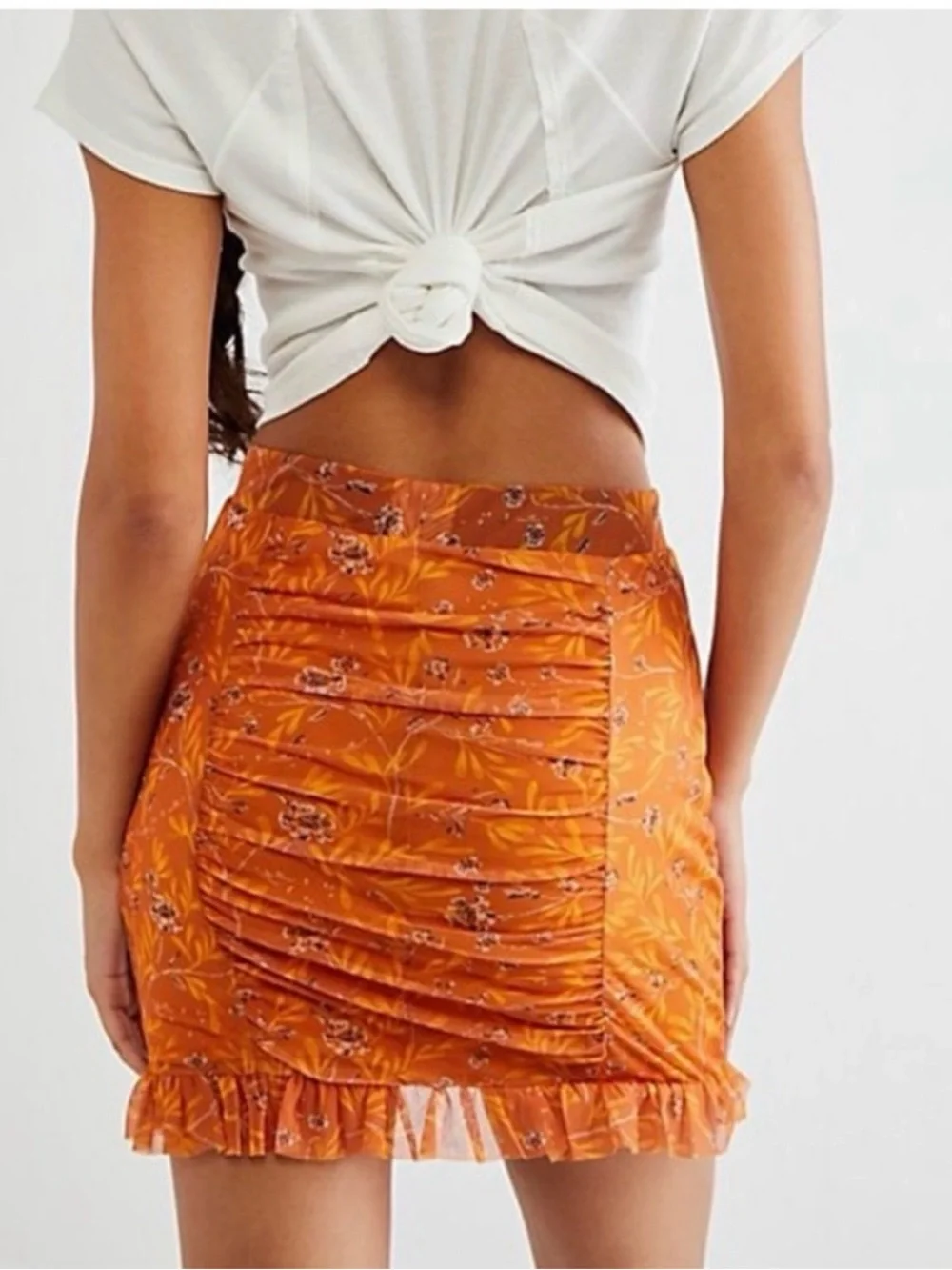 Free People Romi Mesh Ruffle Mini Skirt Orange Floral Ruched Size S